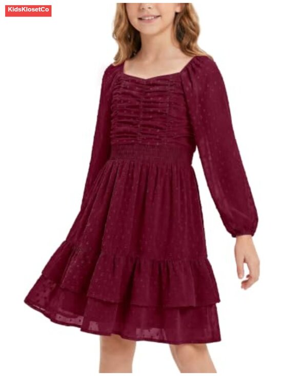 Other - Girls Swiss Dot Chiffon Dress Long Sleeve A-Line Ruffle Casual Party